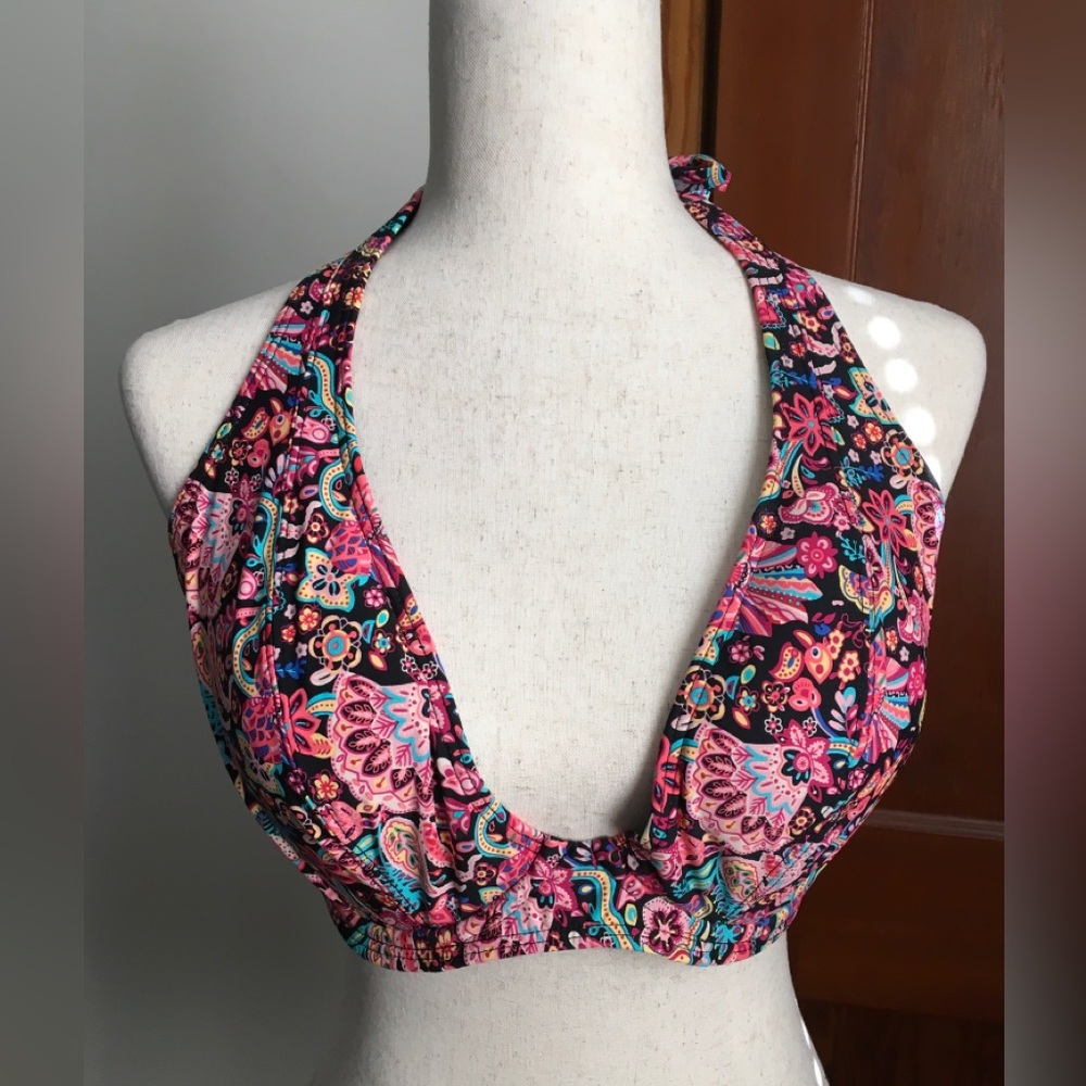 Sunsets Vibrant Pink & Turquoise Floral Halter Bikini Top